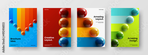 Multicolored company brochure A4 design vector layout bundle. Simple 3D spheres poster template set.