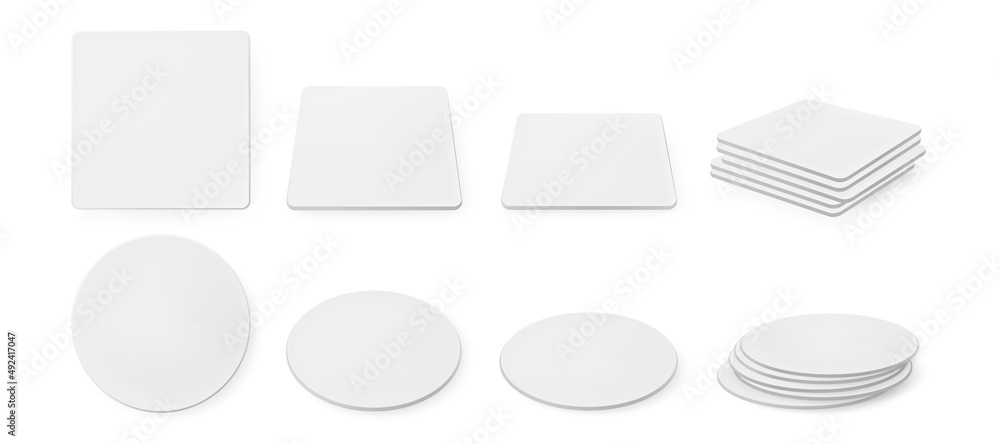 White paper coasters for beer mug in top and side view. Square and round shapes beermat stack. Bierdeckel for cup or tankards. Blank cardboard mats different shapes realistic 3d vector mockup. - obrazy, fototapety, plakaty 