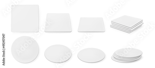 White paper coasters for beer mug in top and side view. Square and round shapes beermat stack. Bierdeckel for cup or tankards. Blank cardboard mats different shapes realistic 3d vector mockup. photo