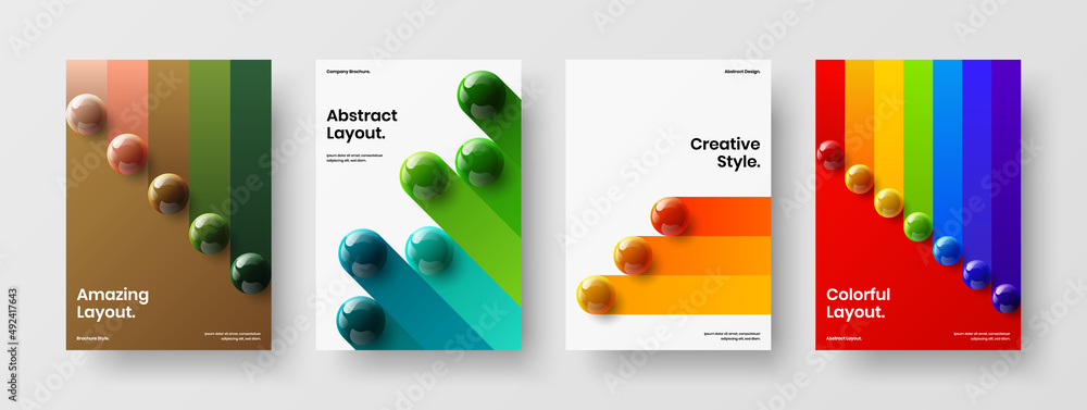 Bright handbill vector design illustration composition. Trendy realistic spheres corporate identity template set.