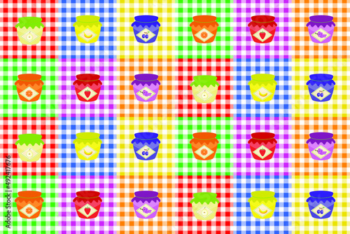 Vector pattern background with jam of different fruits on checkered tablecloth, for industrial use