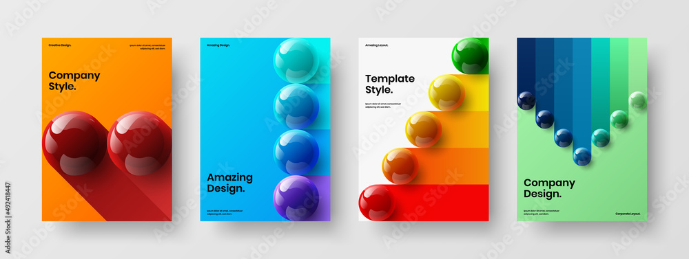 Creative 3D spheres brochure concept collection. Clean catalog cover design vector layout bundle.