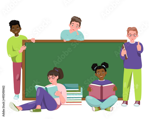 Children with school supplies on the background of the school board.Happy students of different nationalities are holding books. Set of children's teenage characters in different poses, clothes.Vector