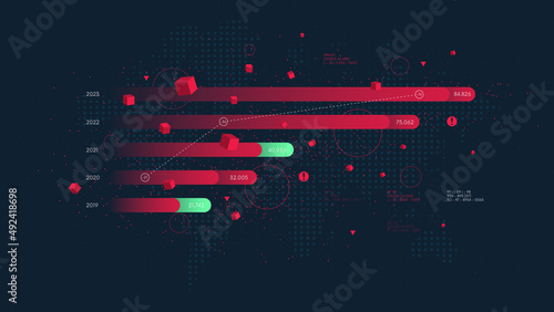 Visualization of financial vertical columns, analysis and analytics of economic reports by years, background of the world map, vector business dashboard