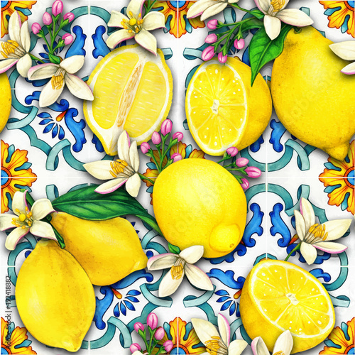 watercolor mediterranean traditional pattern with lemons and tiles