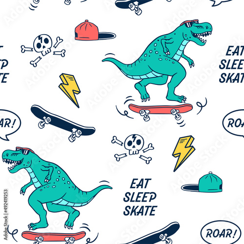 Skater Dinosaur seamless pattern. With hand-drawn Skateboarding doodle illustrations.