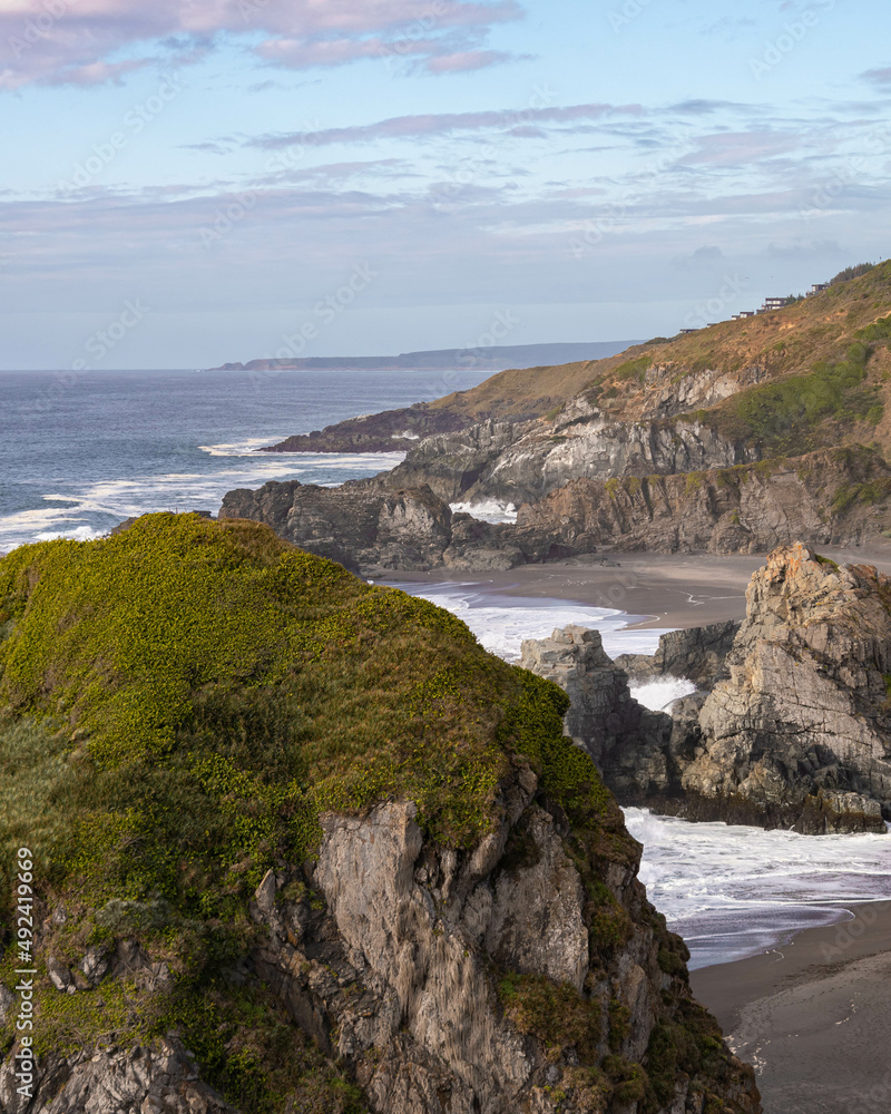 Sight of the beach looking to the north from the top of the Stone Church (Iglesia de Piedra) in Cobquecura , Chile