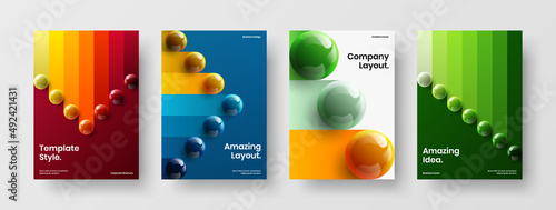 Minimalistic corporate brochure A4 vector design layout set. Creative 3D spheres front page template collection.