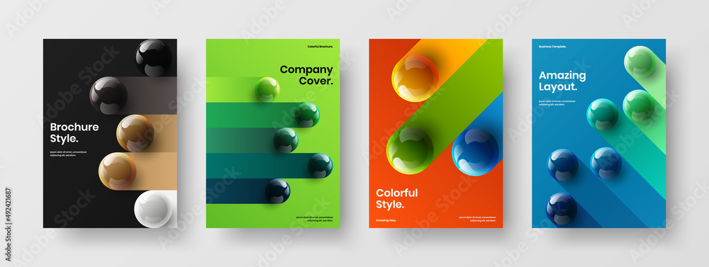 Multicolored cover A4 vector design illustration bundle. Creative realistic balls annual report layout set.