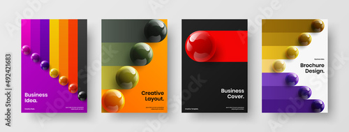 Geometric realistic balls postcard concept set. Clean front page design vector layout composition.