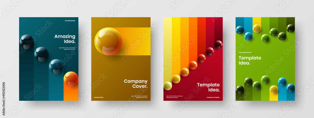 Simple realistic balls annual report concept composition. Colorful magazine cover vector design template bundle.