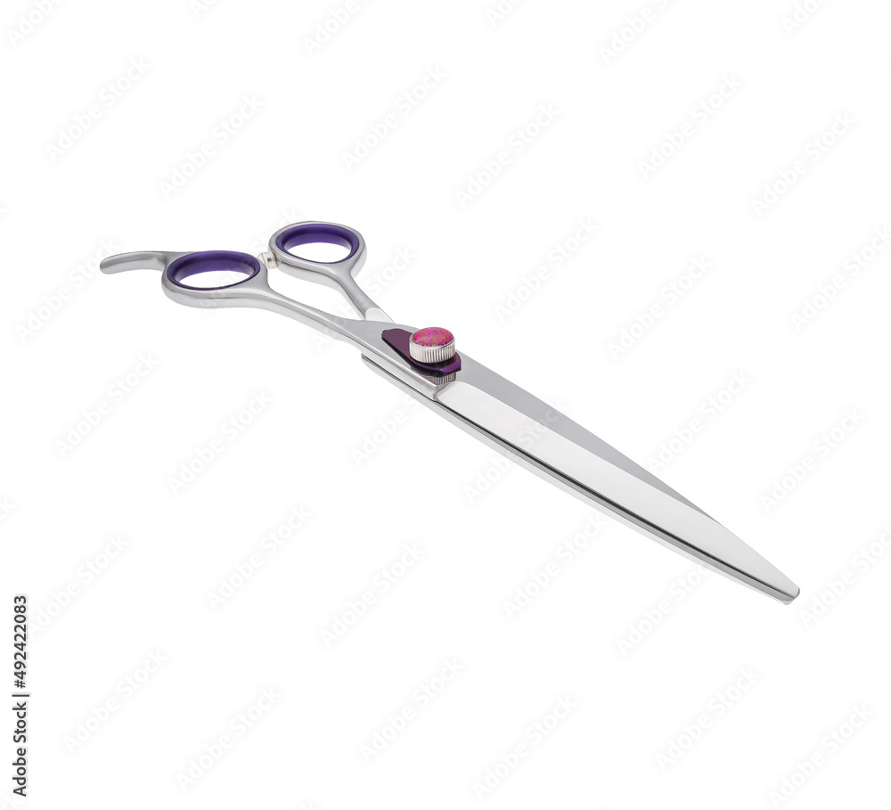 Obraz premium Scissors for cutting people and pets. Grooming scissors. Closed scissors on a white isolated background. Angle view.