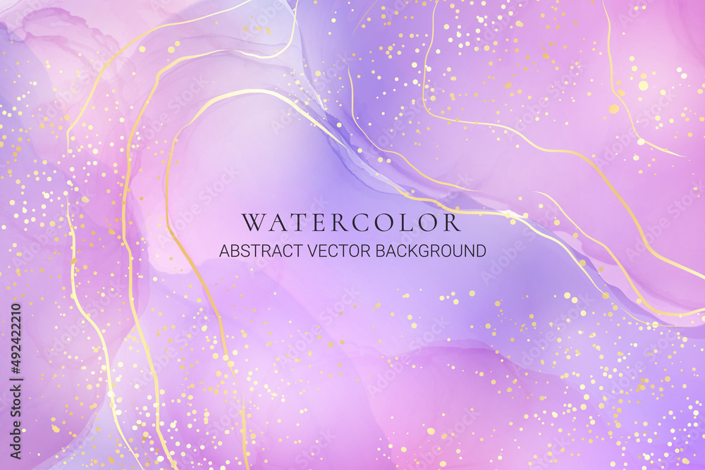 Violet lavender liquid watercolor marble background with golden lines. Pastel purple periwinkle alcohol ink drawing effect. Vector illustration design template for wedding invitation, menu, rsvp