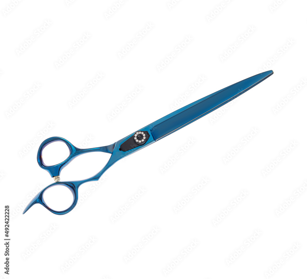 Scissors for cutting people and pets. Grooming scissors. Closed scissors on a white isolated background. Side view. Scissors for cutting people and pets. Grooming scissors. Closed scissors on a white isolated background. Side view.