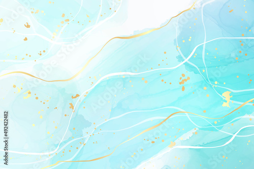 Royal cyan mint liquid marble watercolor background with white lines and brush stains. Teal turquoise marbled alcohol ink drawing effect. Vector illustration backdrop, watercolour wedding invitation