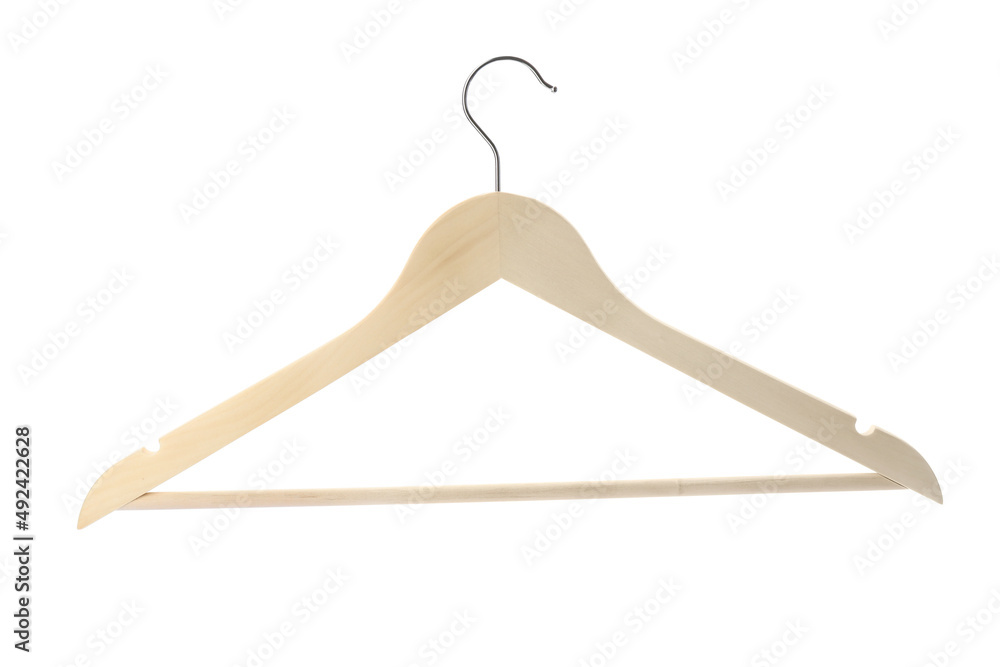 Empty wooden hanger isolated on white. Wardrobe accessory Empty wooden hanger isolated on white. Wardrobe accessory