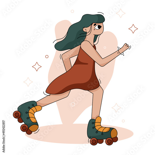 Vector flat cartoon illustration. The girl is rollerblading.