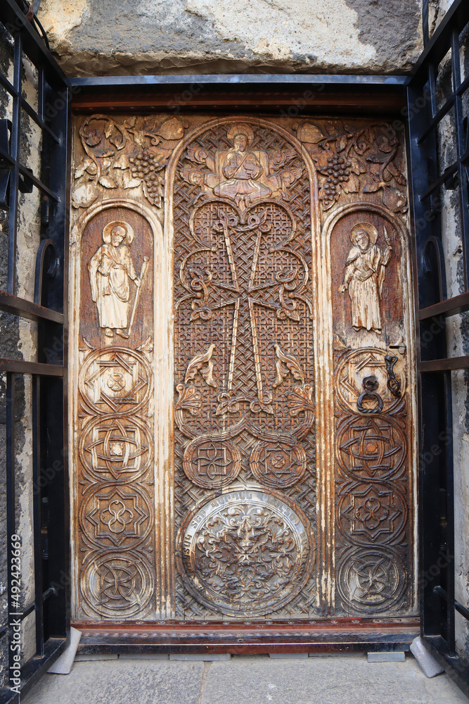 Wooden entrance door of Sevanavank (Sevanavank Monastery) in Armenia