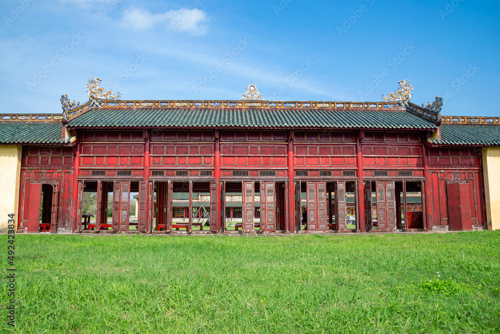 Gallery of the ancient palace complex of the forbidden Purple city. Hue, Vietnam