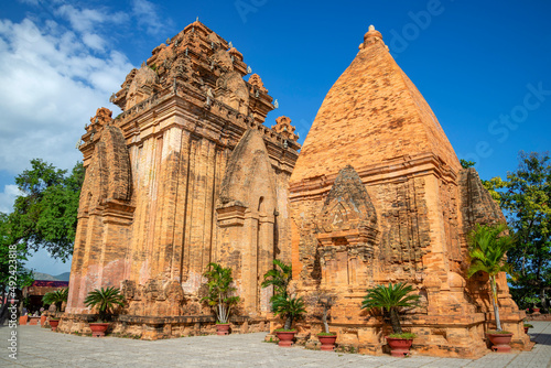 Two ancient Chaam towers of the temple complex Po Nagar on a sunny day. Nha Trang  Vietnam