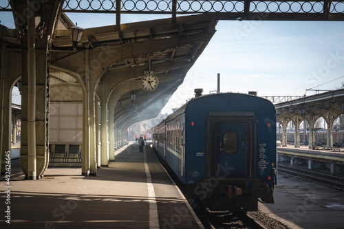 Railway station in smoke and train. Saint-Petersburg.