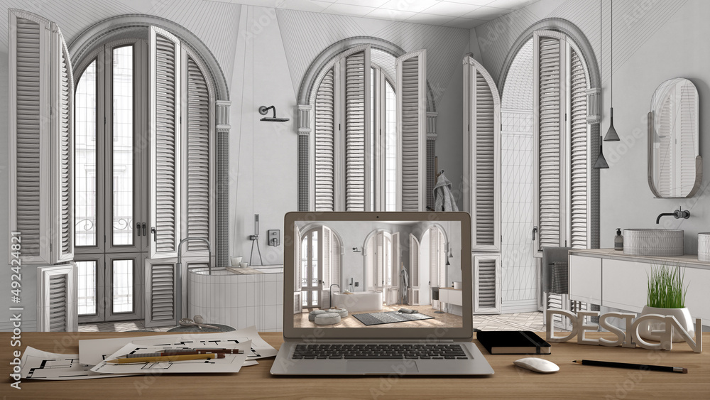 Architect designer desktop concept, laptop on wooden work desk with screen showing interior design project, blueprint draft background, modern bathroom in classic apartment, bathtub