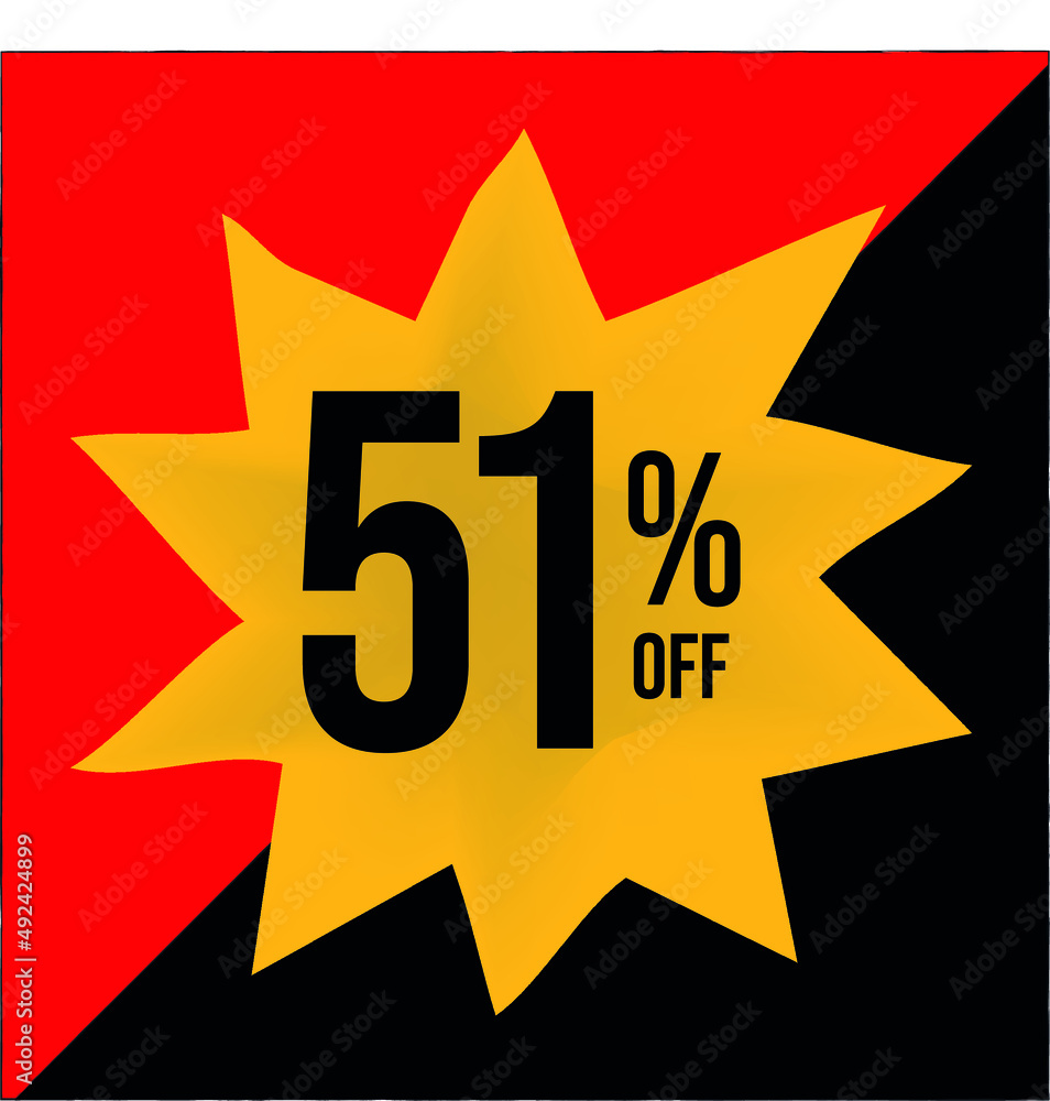 51% off limited special offer. Banner with fifty one percent discount on a yellow star shaped balloon with red and black background