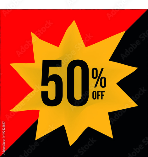50% off limited special offer. Banner with fifty percent discount on a yellow balloon in the shape of a star with a red and black background