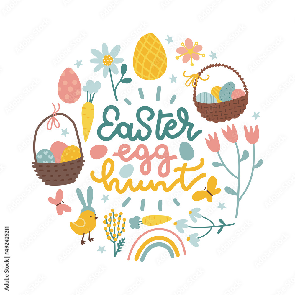 Round Easter composition with lettering Easter eggs hunt and holiday elements - baskets, flowers, chicken, carrots. Perfect for cards, prints, flyers, banners, invitations. Flat vector illustration