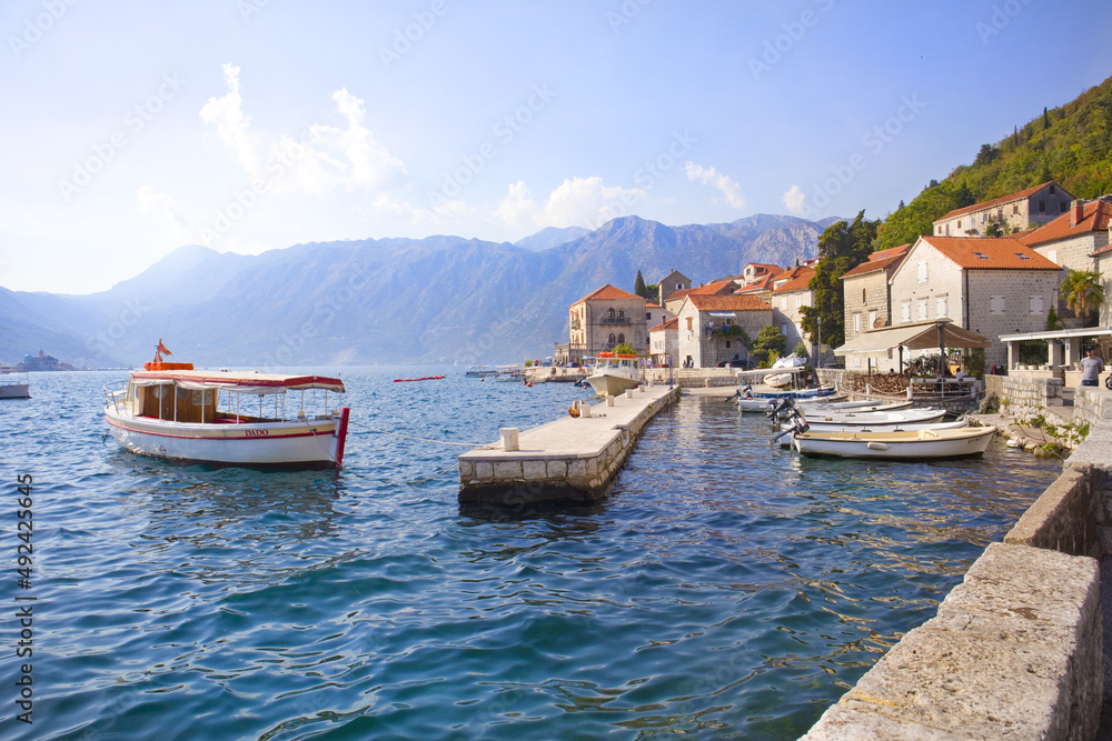 Pier with boats in Perast, Montenegro