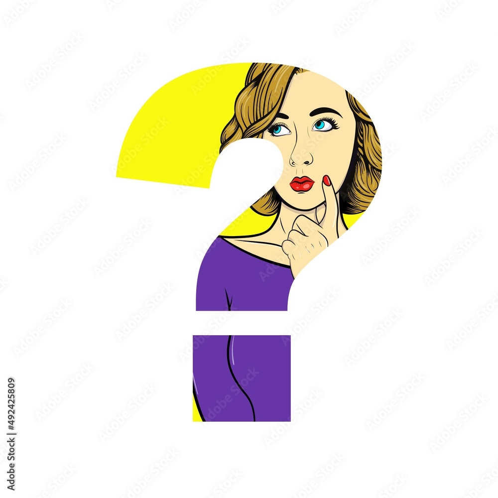Thoughtful woman in a question mark. Vector illustration