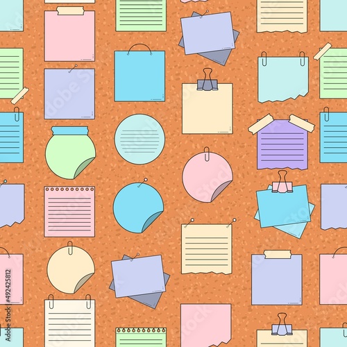 Seamless pattern with office notes on a corkboard background. Vector illustration