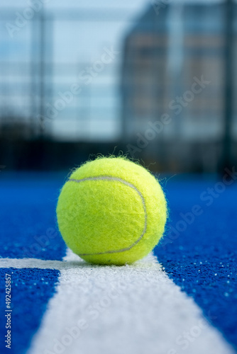 selective focus of a ball on the white line of a blue paddle tennis court