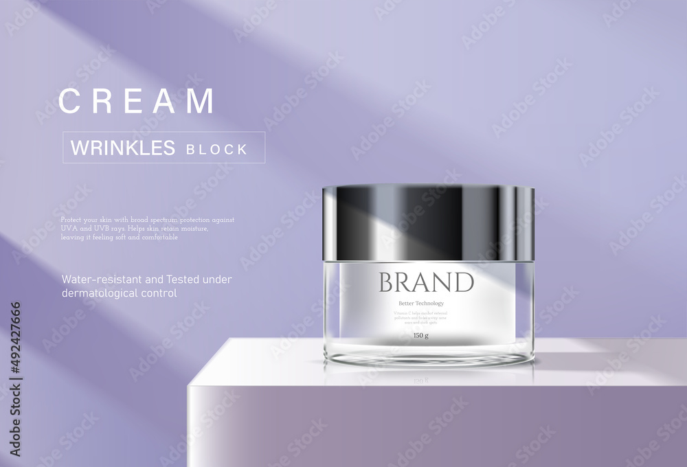 Cream cosmetic cream on a white stage with light purple background ...