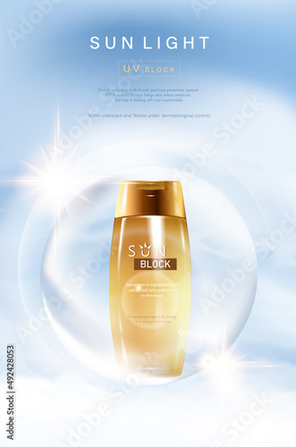 Sunscreen product ads with moisturizing water protective shield in ball shape on beautiful light blue sky background, 3d illustration