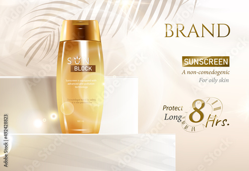 sunscreen and Cosmetic product ads. sun light cream ads template. Peach gradient cosmetics spray and white cream tubes with shadow of tropical palm leaf. Realistic 3d style. Vector illustration.