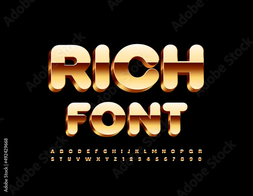 Vector Rich Font. Reflective Golden Alphabet. 3D Luxury Letters and Numbers set