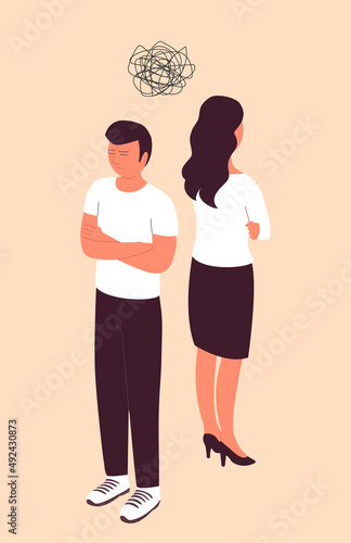 The young man and woman quarrel. Family couple. Hurt feelings and anger. Flat vector isolated illustration