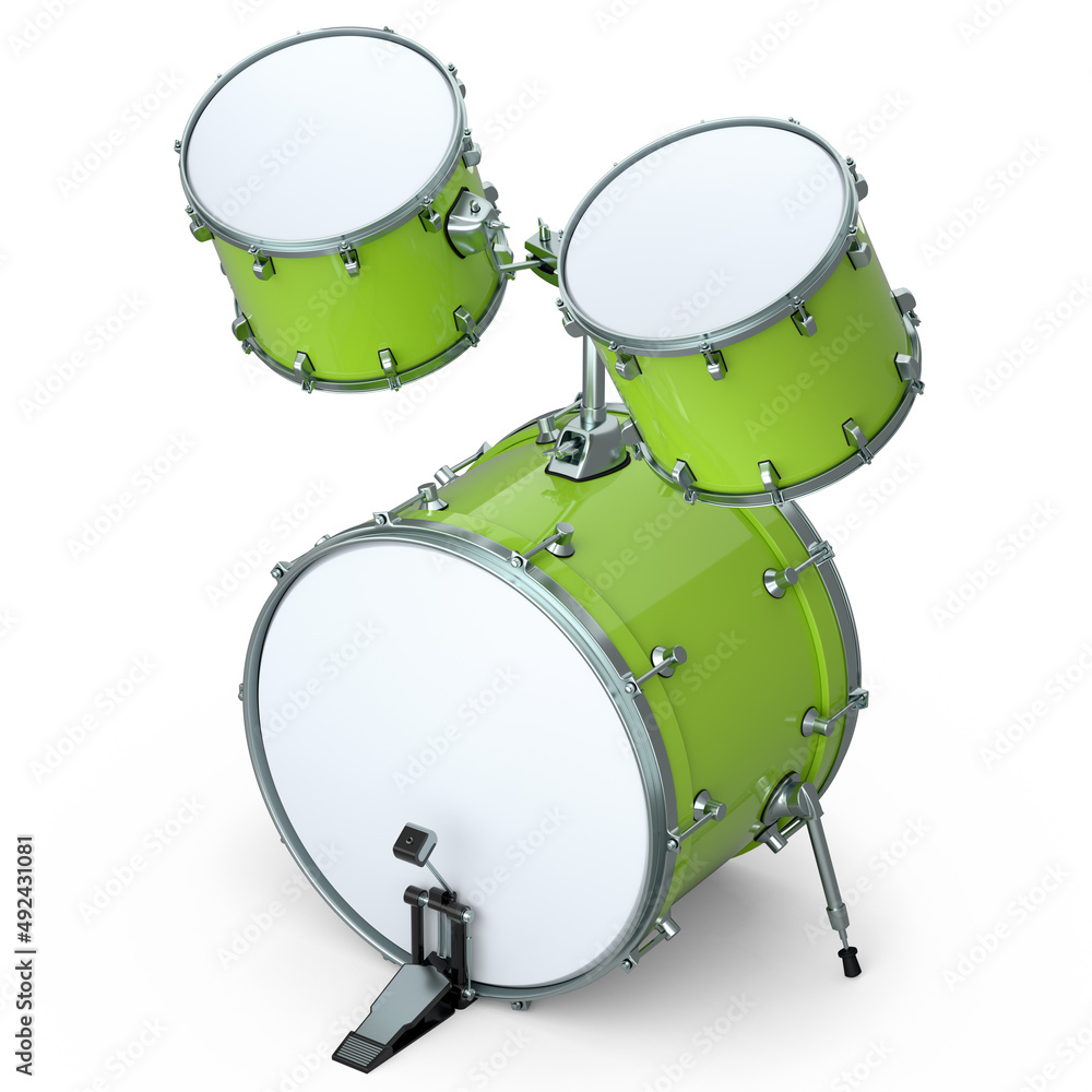 Set of realistic drums with pedal on white. 3d render of musical instrument Set of realistic drums with pedal on white. 3d render of musical instrument