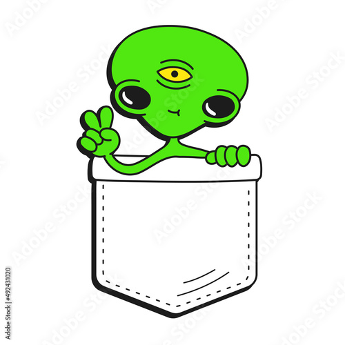 Cute funny alien in pocket t-shirt print.Vector cartoon doodle line style character logo illustration design.Isolated on white background. Funny alien print for pocket t-shirt,clothing concept