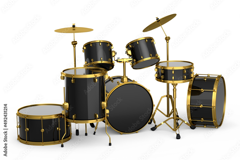 Set of realistic drums with metal cymbals or drumset on white background Set of realistic drums with metal cymbals or drumset on white background