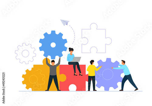 Vector illustration of teamwork concept. People characters working with giant puzzle and gears. Team building. Solving problem.