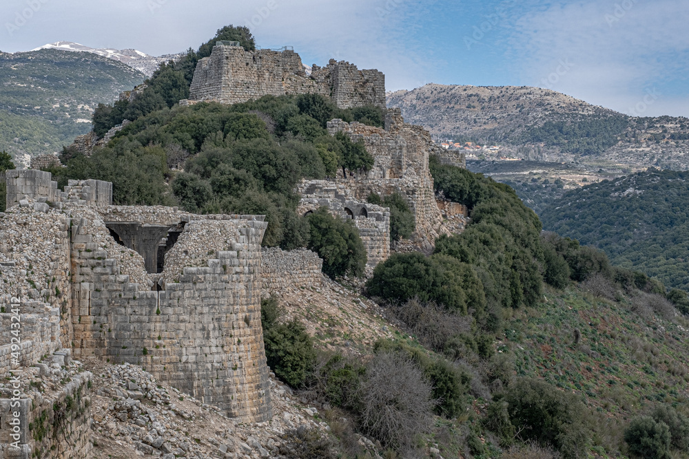View of the Southern Wall of Nimrod fortress with the Keem and the Beautiful Tower, located in Northern Golan, at the southern slope of Mount Hermon, the biggest Crusader-era castle in Israel View of the Southern Wall of Nimrod fortress with the Keem and the Beautiful Tower, located in Northern Golan, at the southern slope of Mount Hermon, the biggest Crusader-era castle in Israel