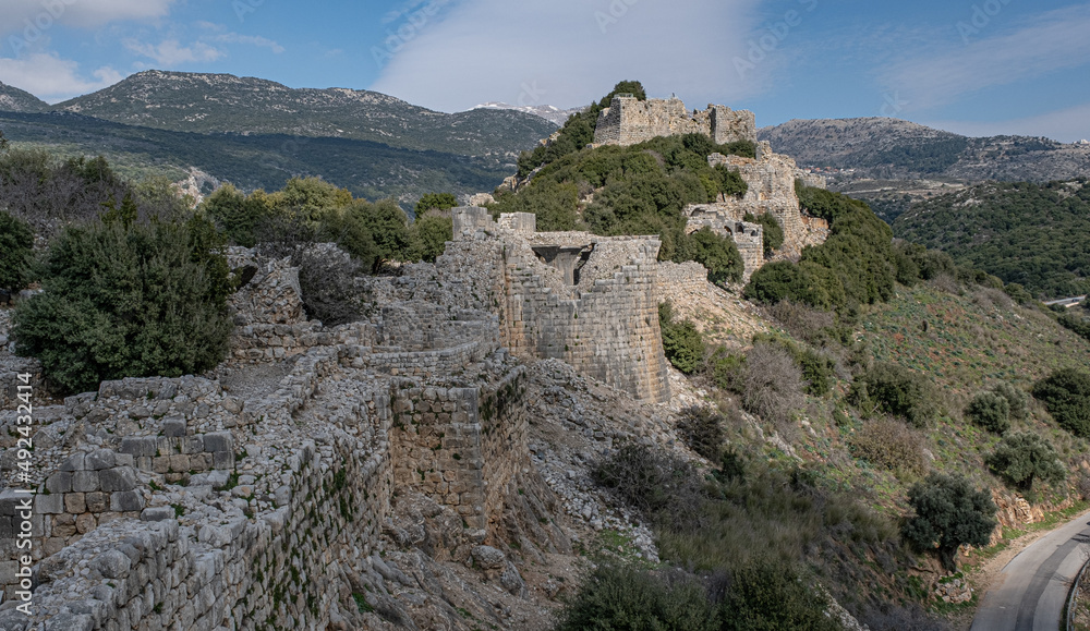 Generla view of the Southern Wall of Nimrod fortress with the Keem and the Beautiful Tower, located in Northern Golan, at the southern slope of Mount Hermon, the biggest Crusader-era castle in Israel
