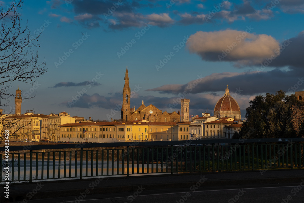 Cityscape of Florence with Cathedral dome and Santa Croce church