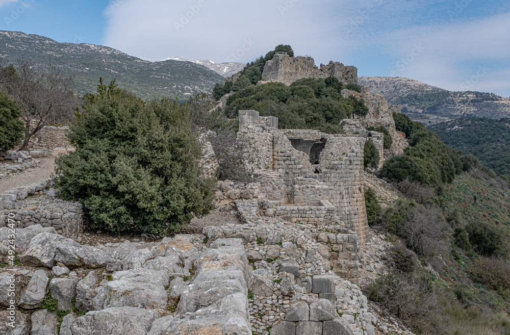 View of the Southern Wall of Nimrod fortress with the Keem and the Beautiful Tower, located in Northern Golan, at the southern slope of Mount Hermon, the biggest Crusader-era castle in Israel