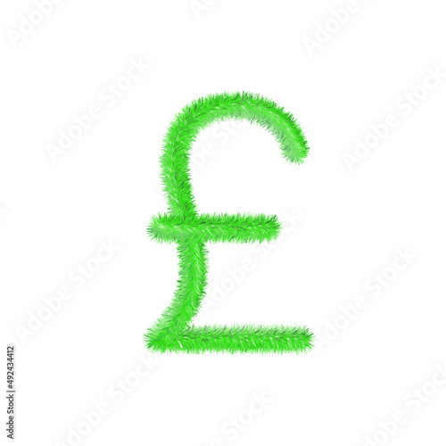 Pound symbol currency grassy and furry icon. UK economy and trade hairy currency. Easy editable money symbol. Soft and realistic feathers. Fluffy green isolated on white background.