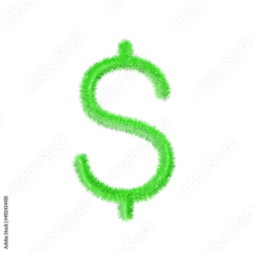 Dollar symbol currency grassy and furry icon. American dollar economy and trade hairy currency. Easy editable money symbol. Soft and realistic feathers. Fluffy green isolated on white background.