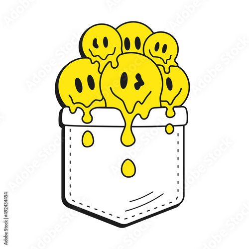 Funny melt smile face in pocket t-shirt print.Vector cartoon doodle line style character logo illustration design. Funny vintage trippy,acid melt smile face print for pocket t-shirt,clothing concept