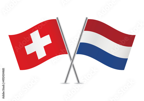 Switzerland and Netherlands crossed flags. Swiss and Netherlandish flags, isolated on white background. Vector icon set. Vector illustration.
